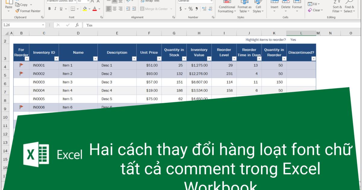 2 cách thay đổi tất cả font chữ của comment trong Excel Workbook