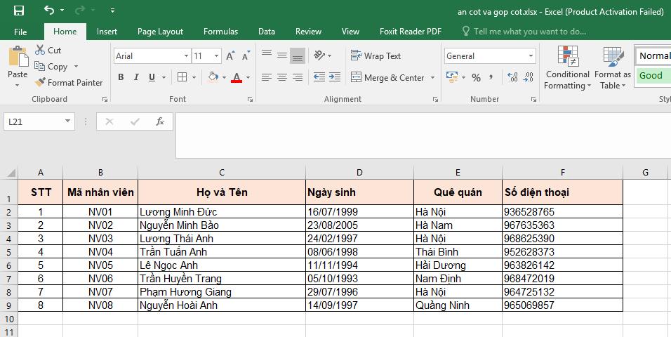 Ví dụ về cách ẩn cột trong Excel