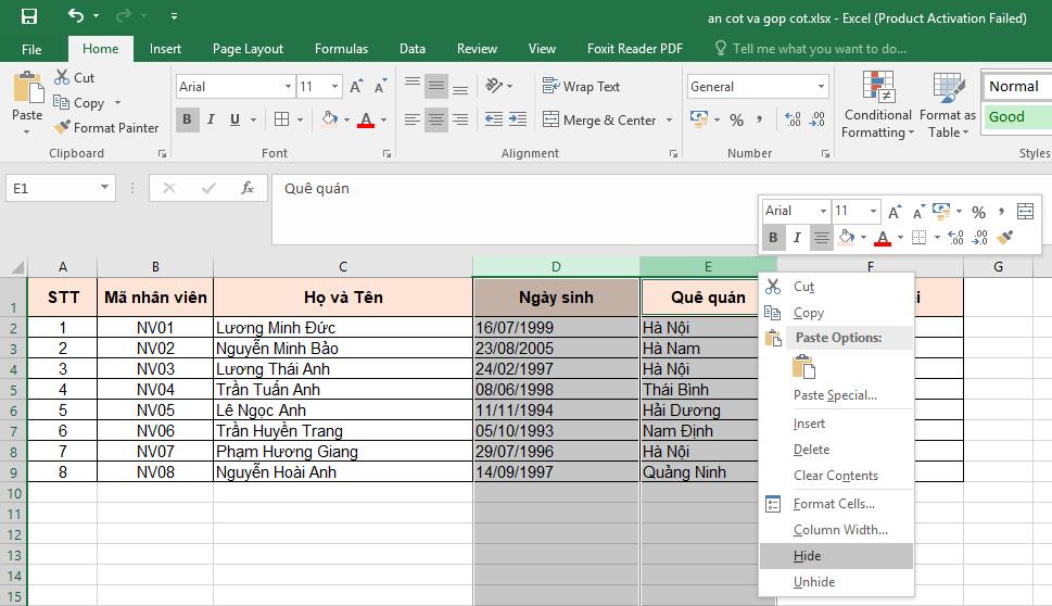 Cách ẩn cột, gộp cột trong Excel nhanh và chuẩn