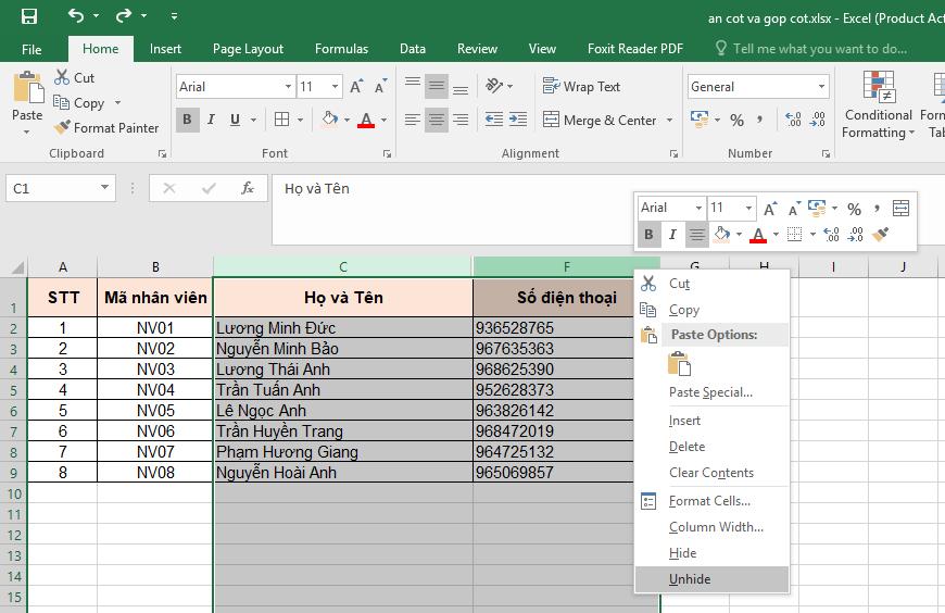 Cách ẩn cột, gộp cột trong Excel nhanh và chuẩn