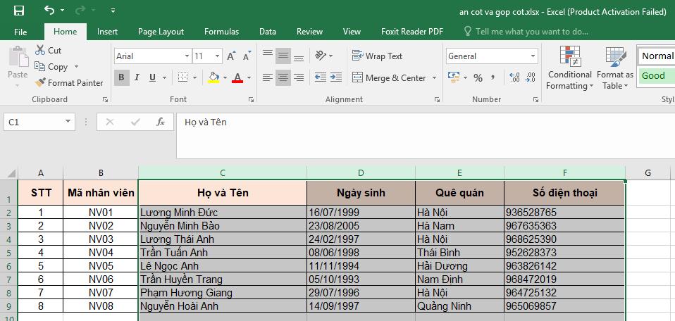 Cách ẩn cột, gộp cột trong Excel nhanh và chuẩn