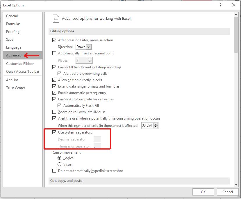 Bỏ dấu tích của Use System separators để định dạng thập phân trong excel 