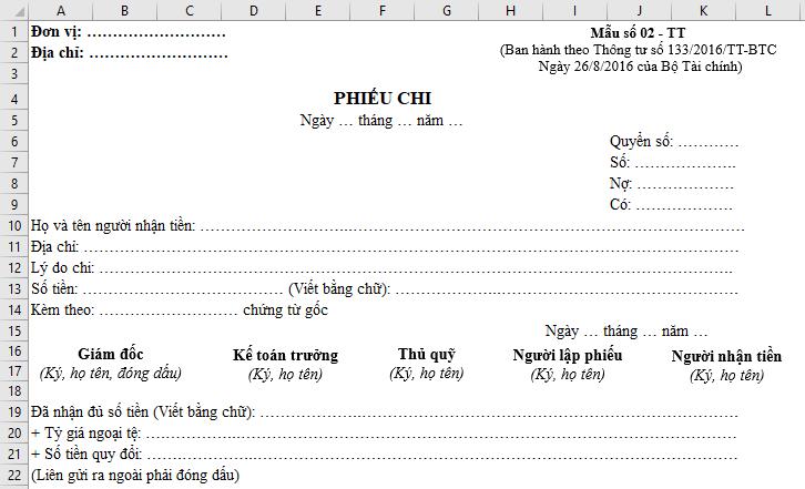 Cách lập mẫu phiếu chi trên Excel theo Thông tư 133