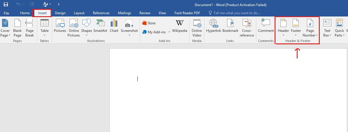 Mở đến tính năng Header và Footer