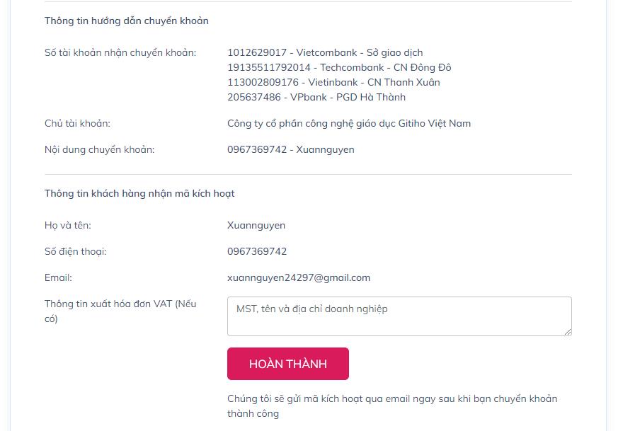 Hướng dẫn cách thanh toán khóa học của Gitiho sau khi đăng ký thành công