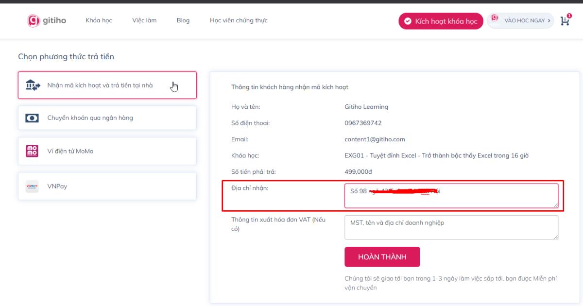 Hướng dẫn cách thanh toán khóa học của Gitiho sau khi đăng ký thành công