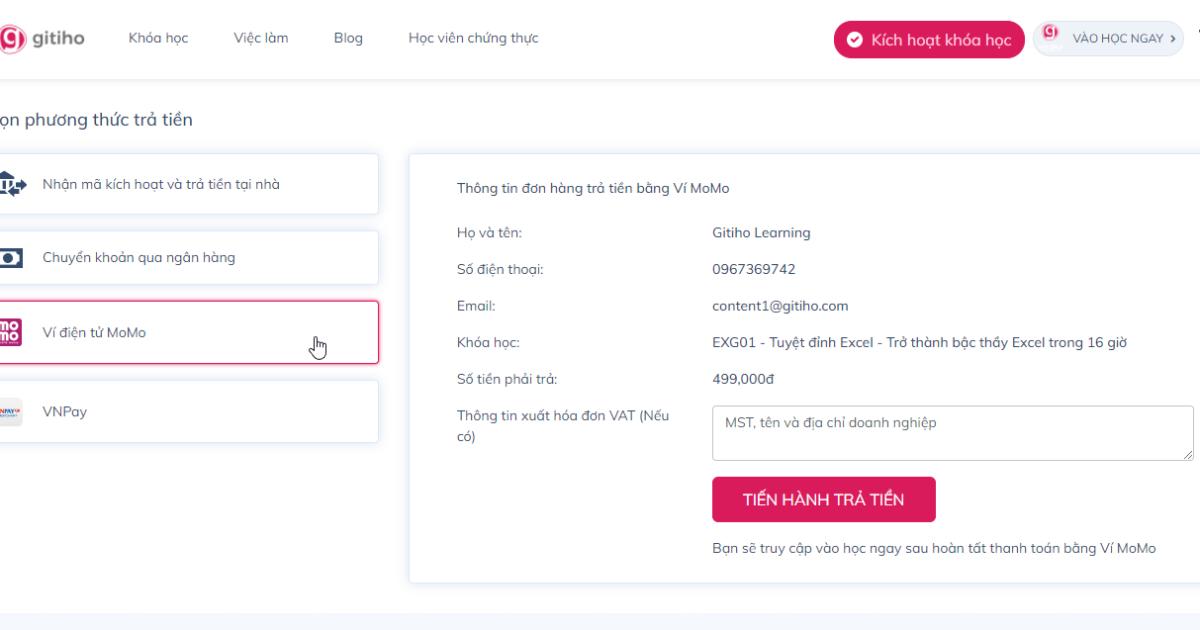 Hướng dẫn cách thanh toán khóa học của Gitiho sau khi đăng ký thành công