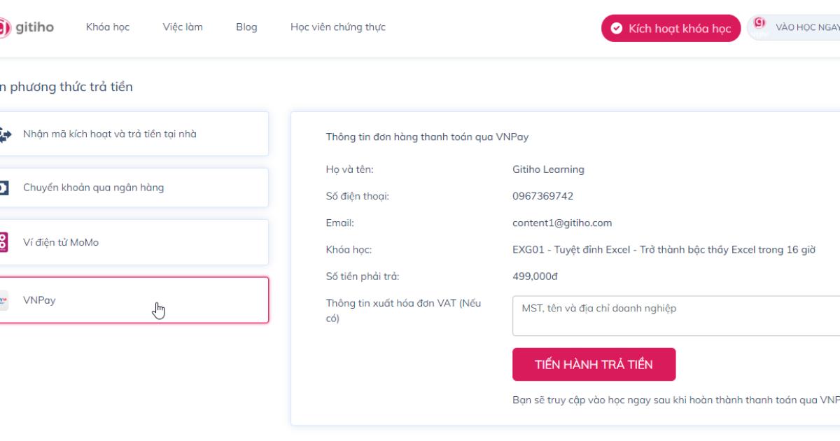 Hướng dẫn cách thanh toán khóa học của Gitiho sau khi đăng ký thành công