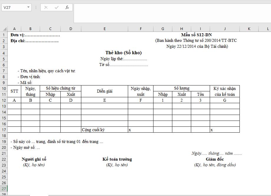 Cách lập thẻ kho (sổ kho) trong Excel theo Thông tư 200 mới nhất 2021