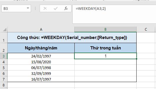 Hàm weekday excel