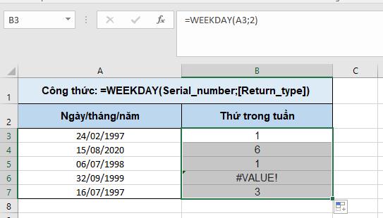 Sao chép hàm weekday trong excel