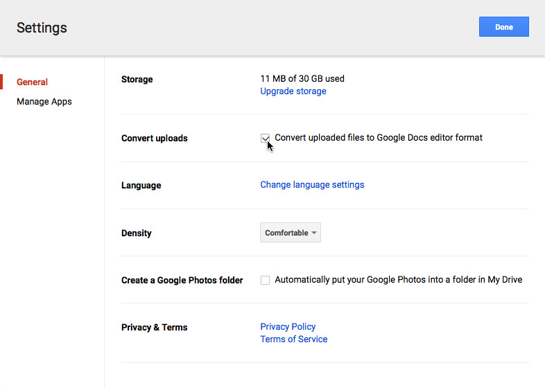 Chọn Convert uploaded files to Google Docs editor format