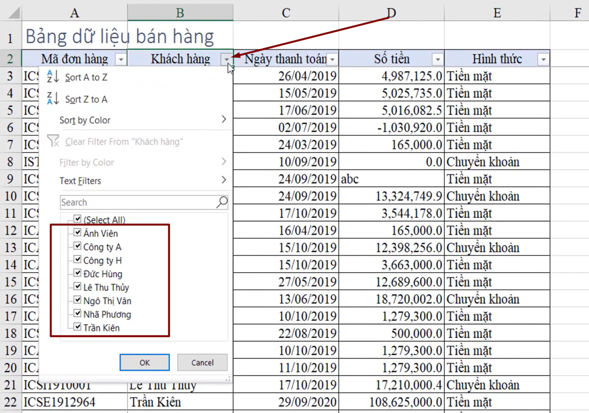 Cách lọc dữ liệu trong Excel - Phần 4: Kỹ thuật lọc dữ liệu dạng Text
