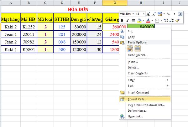 mở hộp thoại format cells