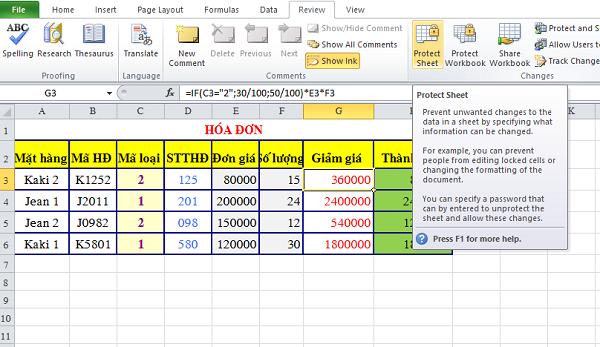 chọn tính năng Protect Sheet trong Excel