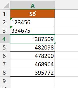 Thêm một dấu nháy đơn vào đầu dãy số để chuyển sang định dạng Text
