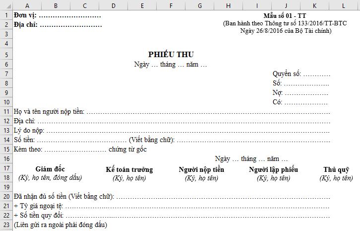 HƯỚNG DẪN CÁCH LẬP MẪU PHIẾU THU THEO THÔNG TƯ 133 TRÊN EXCEL MỚI NHẤT 2021