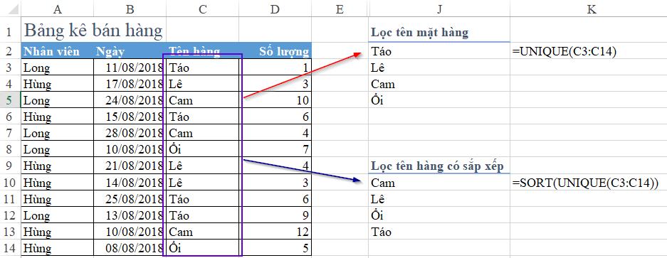 hàm sắp xếp trong excel và hàm unique