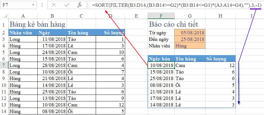 Kết hợp hàm sắp xếp trong excel và hàm filter