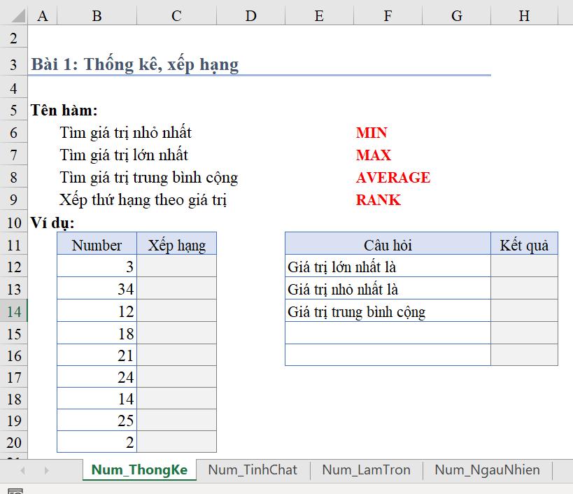 Hàm với dữ liệu dạng Number: Hàm RANK, MAX, MIN, AVERAGE trong Excel