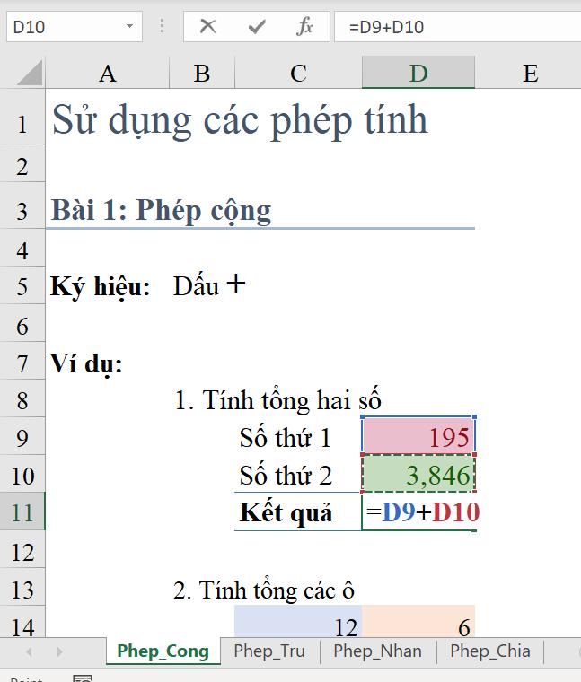 Hàm với dữ liệu dạng Number : Cách cộng trừ nhân chia trong Excel