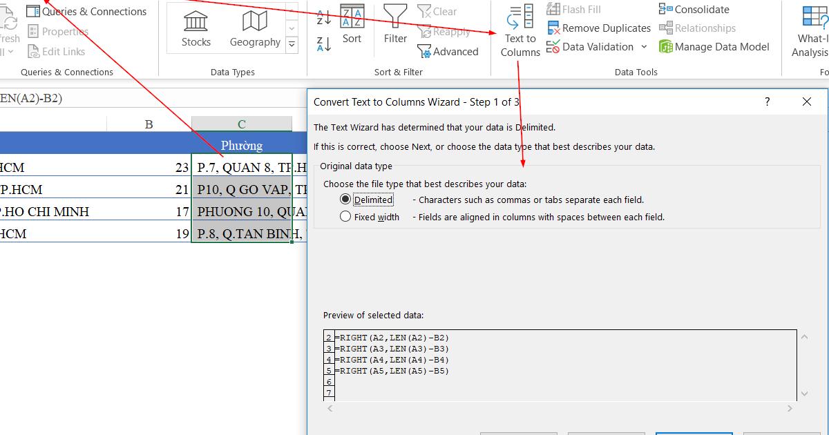 HƯỚNG DẪN CÁCH TÁCH ĐỊA CHỈ TRONG EXCEL