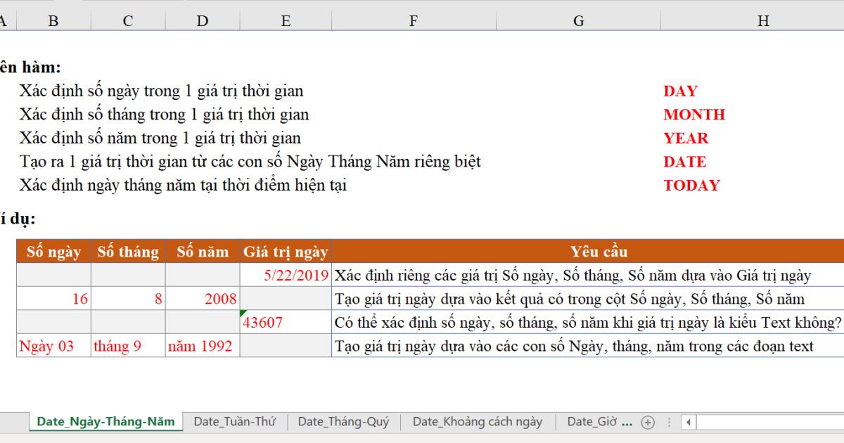 Hàm với dữ liệu Date - Time: Hàm với định dạng ngày tháng trong Excel