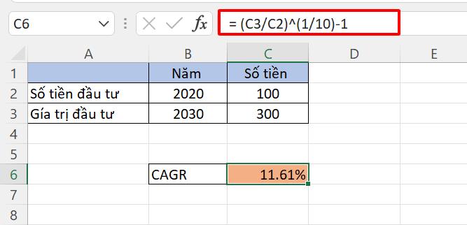 Tính tốc độ tăng trưởng hàng năm kép của khoản đầu tư trong Excel