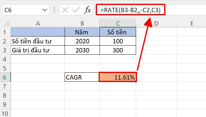 Tính tốc độ tăng trưởng hàng năm kép của khoản đầu tư trong Excel