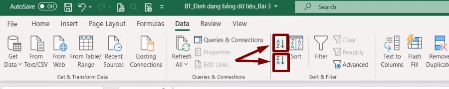 Công cụ data sort trong Excel