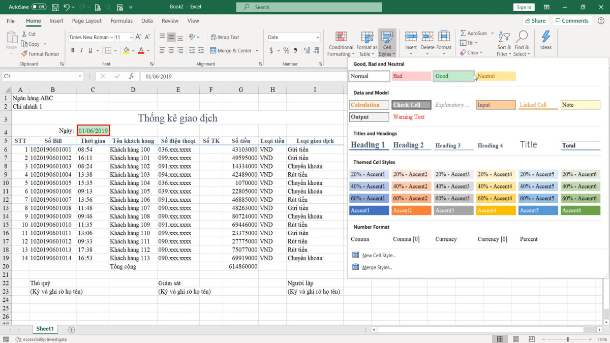 Luyện tập về định dạng bảng dữ liệu Excel và sử dụng công cụ Cell styles