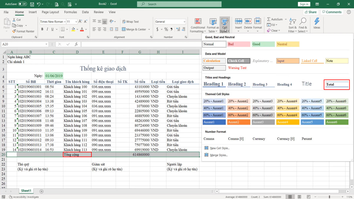 Luyện tập về định dạng bảng dữ liệu Excel và sử dụng công cụ Cell styles