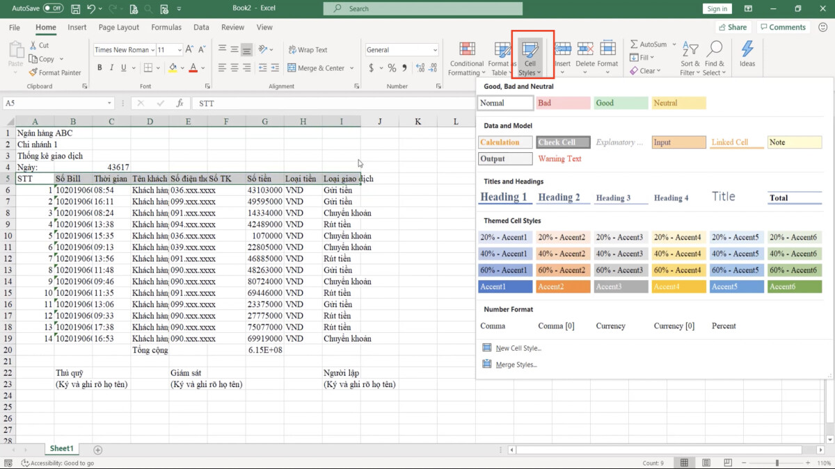 Luyện tập về định dạng bảng dữ liệu Excel và sử dụng công cụ Cell styles