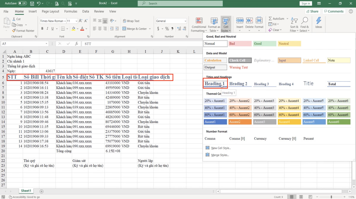 Luyện tập về định dạng bảng dữ liệu Excel và sử dụng công cụ Cell styles