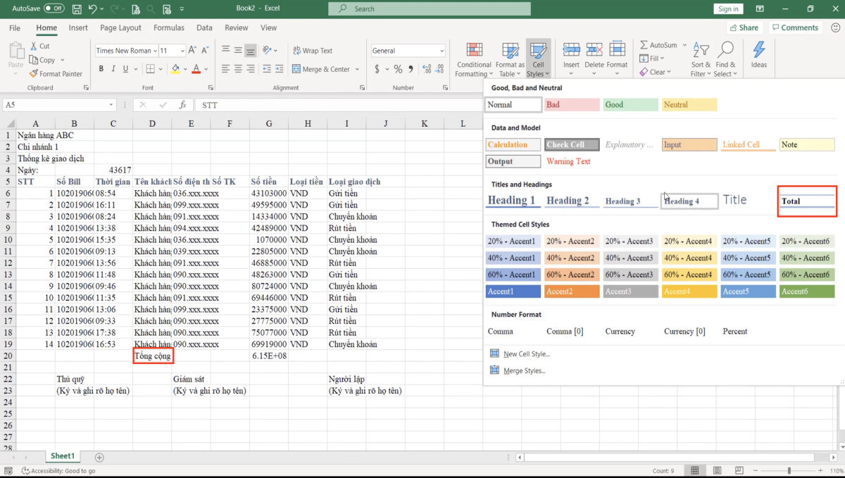 Luyện tập về định dạng bảng dữ liệu Excel và sử dụng công cụ Cell styles
