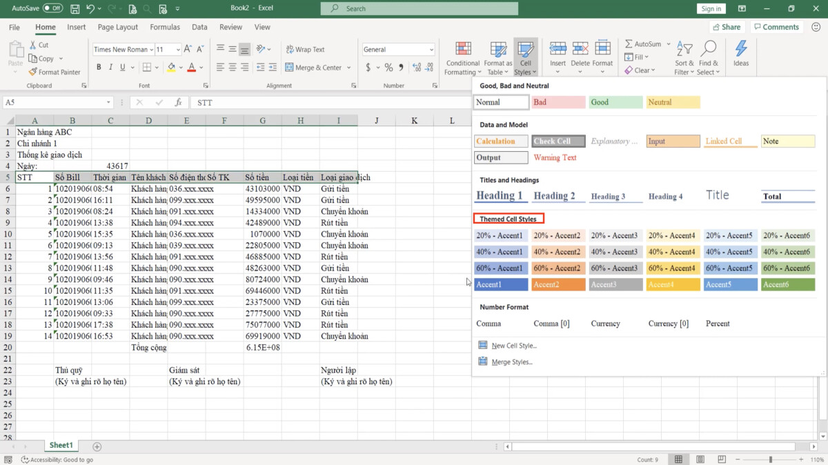 Luyện tập về định dạng bảng dữ liệu Excel và sử dụng công cụ Cell styles