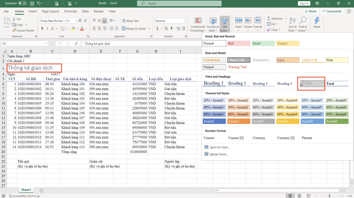 Luyện tập về định dạng bảng dữ liệu Excel và sử dụng công cụ Cell styles