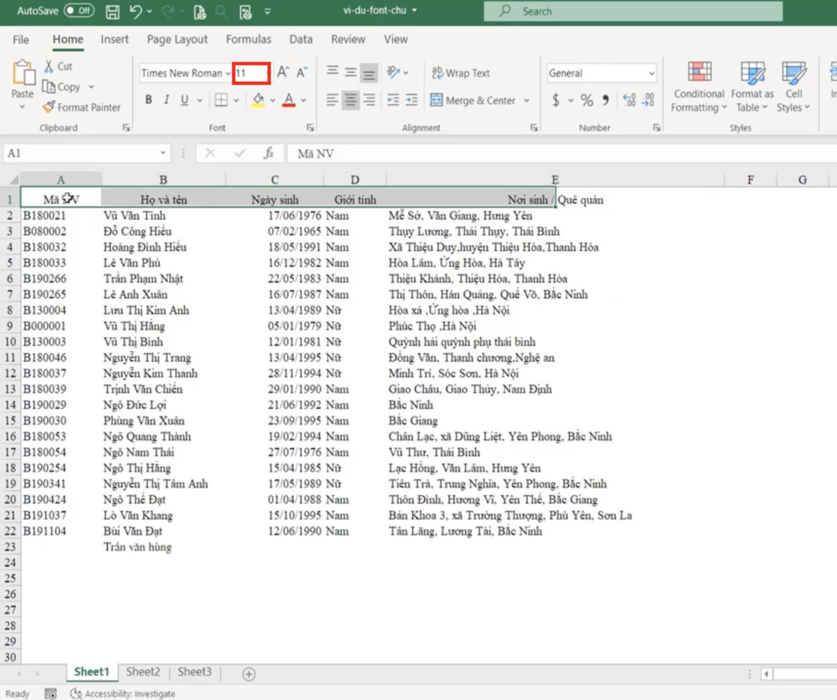 Định dạng font chữ Excel:
Định dạng font chữ Excel dễ dàng thay đổi cỡ chữ, kiểu chữ, màu sắc và nhiều lựa chọn khác để tăng tính thẩm mỹ và trình bày của tài liệu. Điều này giúp cho tài liệu của bạn trông chuyên nghiệp và thu hút hơn. Với các tính năng đắt giá này, bạn có thể trông như một chuyên gia đang làm việc với Excel.
