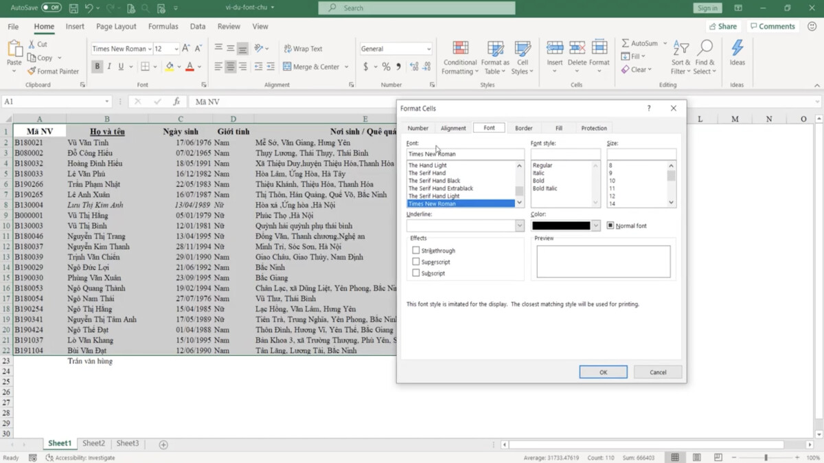 Kỹ thuật định dạng font chữ cơ bản và nâng cao trong Excel