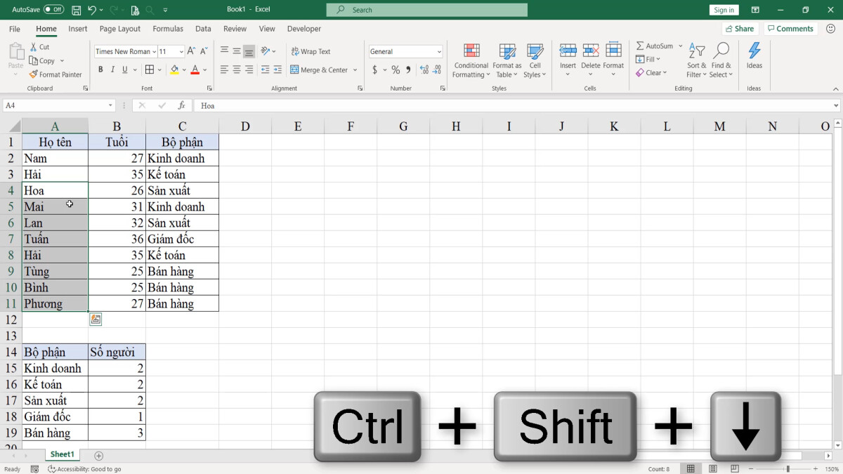 Kỹ thuật và các phím tắt di chuyển nhanh trong vùng dữ liệu Excel 3