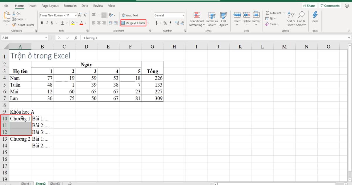 Cách sử dụng kỹ thuật trộn ô trong Excel (Merger & Center)