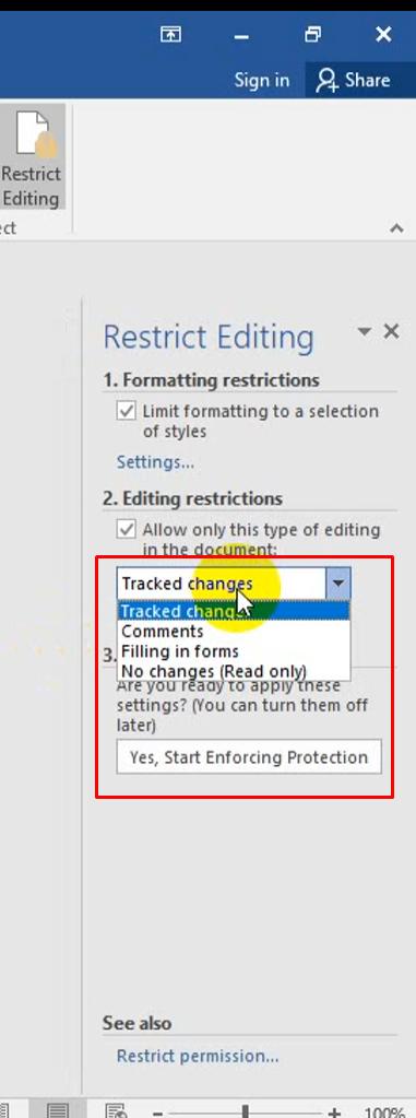 Các tùy chọn của Restrict Editing