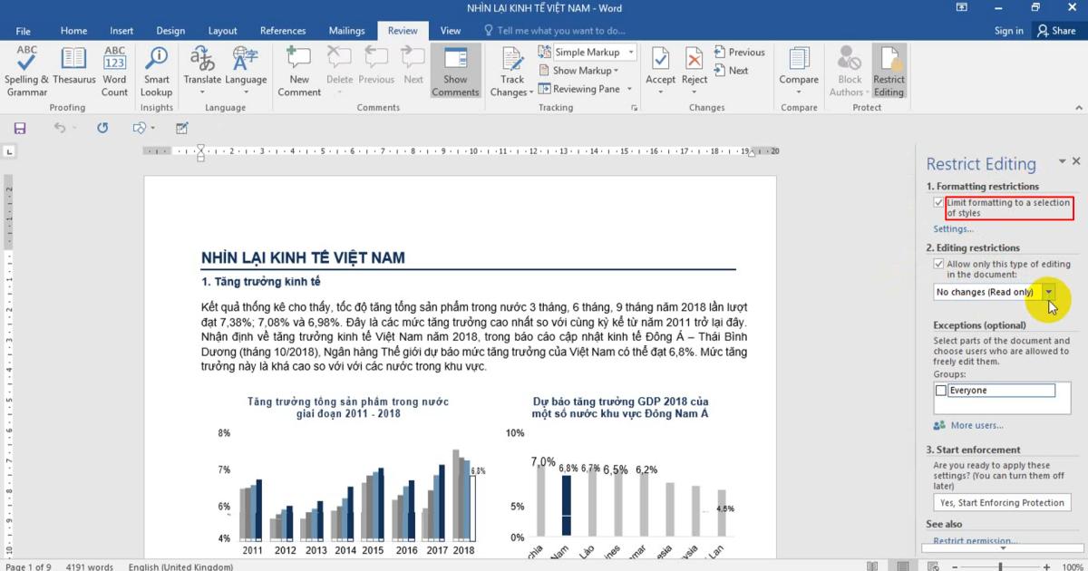 Hộp thoại Restrict Editing