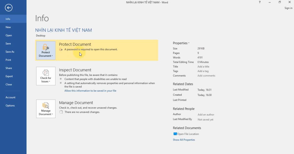 Hoàn tất cài đặt mật khẩu cho file tài liệu