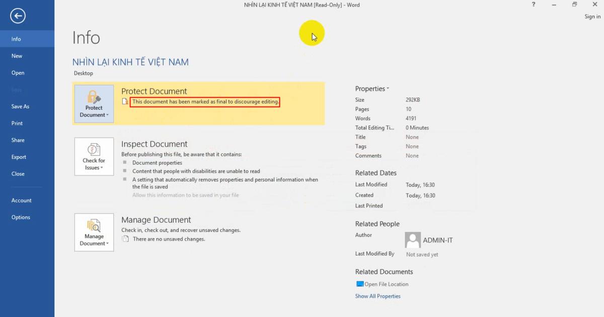 Hiện thị cho thấy tài liệu đã được bảo vệ (word protect) không cho chỉnh sửa