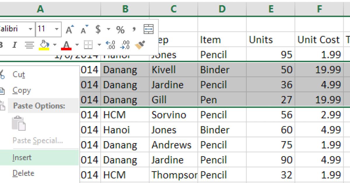 Cách dùng phím tắt để chèn nhiều dòng trống trong Excel.