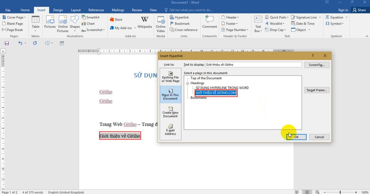 Cách tạo Hyperlink đến nội dung trên cùng một trang Word