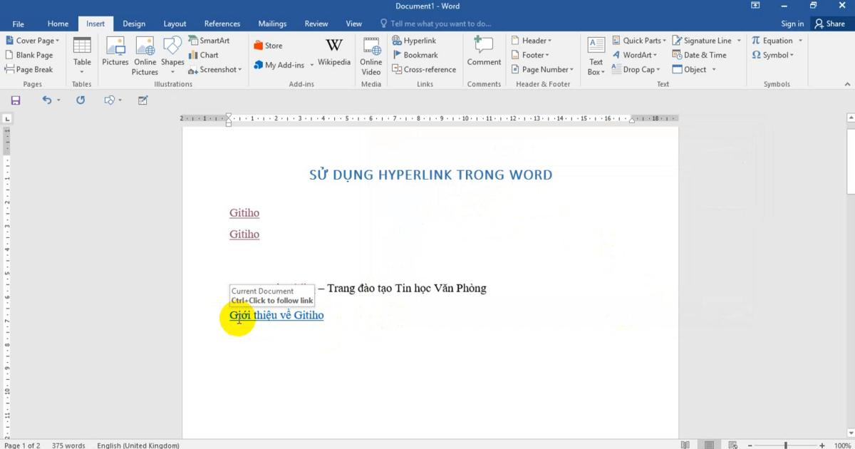 Cách tạo Hyperlink đến nội dung trên cùng một trang Word