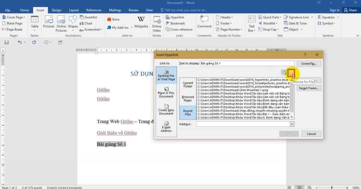 Tạo liên kết Hyperlink đến file trong máy tính