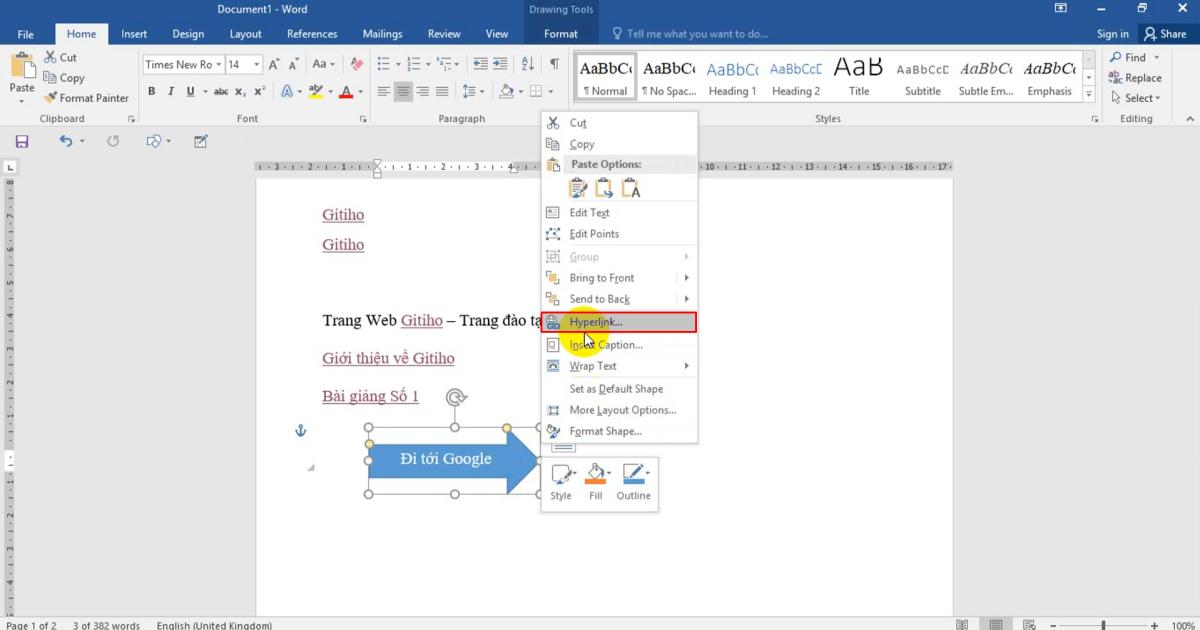 Tạo Hyperlink cho các hình khối